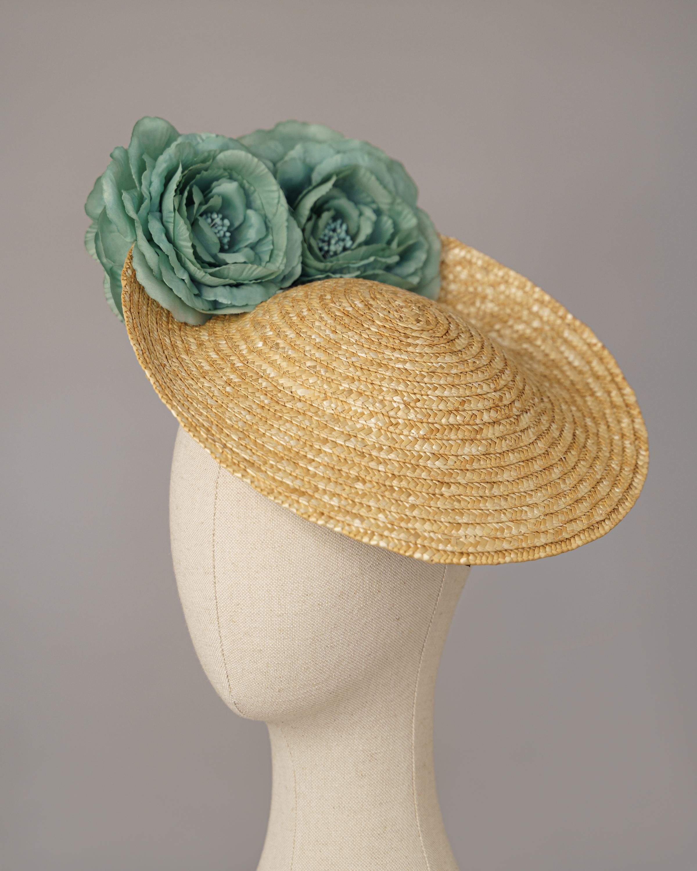 Beige and Light Teal Flower Hat - Straw Wedding Hat - Light  display picture 1
