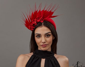 Bridesmaids feathers headband fascinator red, Lady Tea Party hat red with feather, wedding guest headband flower, woman cocktail hat small