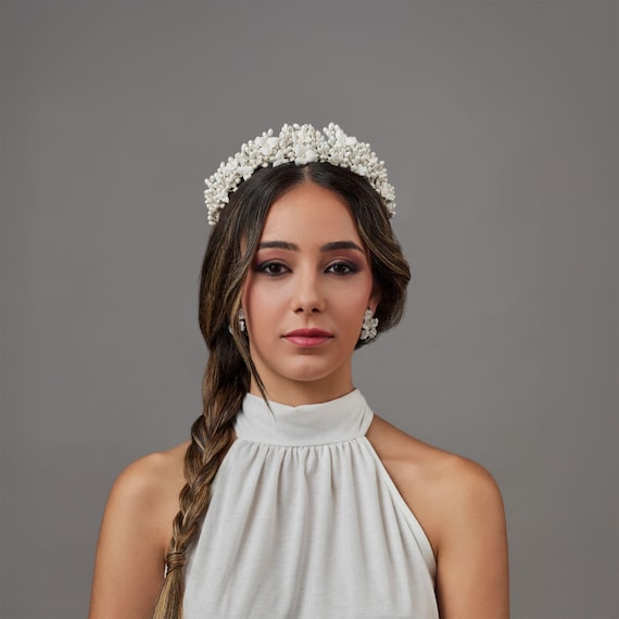 Elegant White Bridal Crown - White Beaded Wedding Tiara  display picture 1