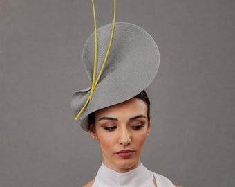 Grey and yellow Kentukcy derby fascinator hat - Yellow Royal Ascot races hat - Grey wedding hats guests - gray hat for garden Tea party