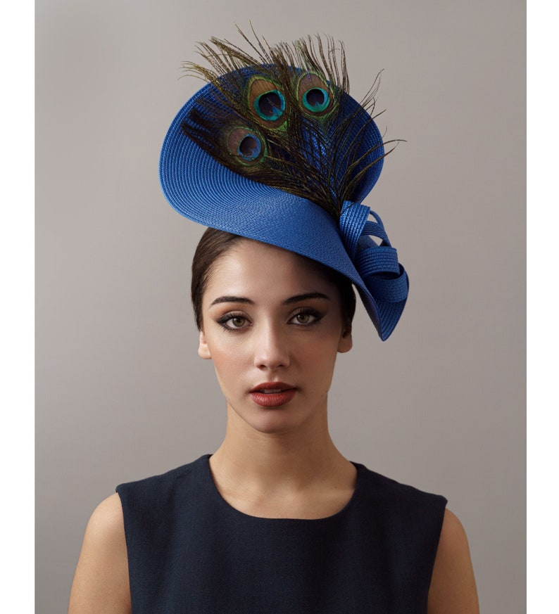 Royal blue peacock derby fascinator hat, Blue oaks derby hat, feathers Royal Ascot hat, peacock ladies hat, women derby hat electric blue image 1