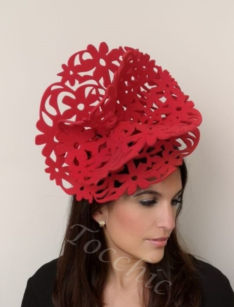 Original red felt fascinator, red flower hat, red wedding hat, womens derby hat red, Red Kentucky derby hat, race day hats, ladies hats red 