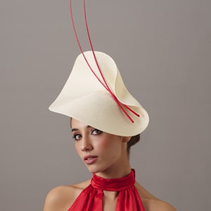 Ivory and Red Royal Ascot hat woman, Kentucky derby fascinator, Cream Tea Party hat ladies, Red wedding hat, red derby hat woman