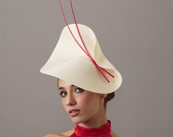 Ivory and Red Royal Ascot hat woman, Kentucky derby fascinator, Cream Tea Party hat ladies, Red wedding hat, red derby hat woman