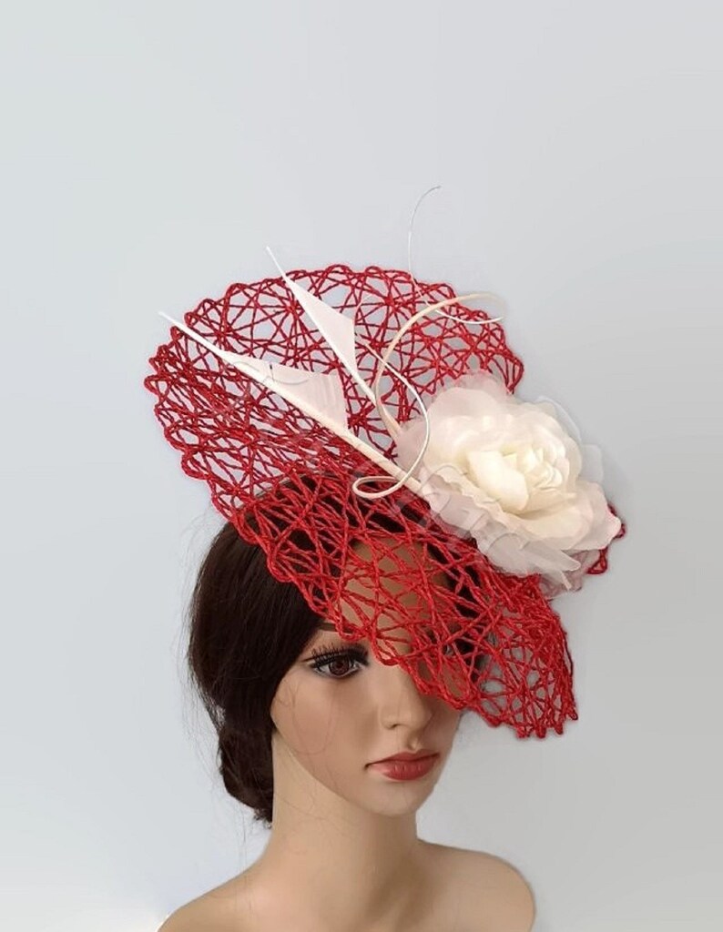 Red and White Derby Hat for Women Red Ascot Hats Veil Etsy
