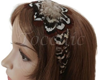 Brown and white headband, night wedding headband, bridesmaids accessories, feathers headband, brown hairdress, winter hairband feathers
