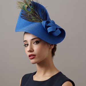 Royal blue peacock derby fascinator hat, Blue oaks derby hat, feathers Royal Ascot hat, peacock ladies hat, women derby hat electric blue image 2