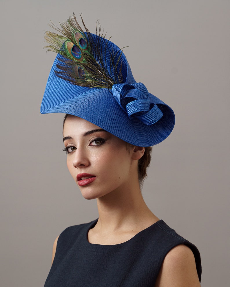 Royal blue peacock derby fascinator hat, Blue oaks derby hat, feathers Royal Ascot hat, peacock ladies hat, women derby hat electric blue image 2