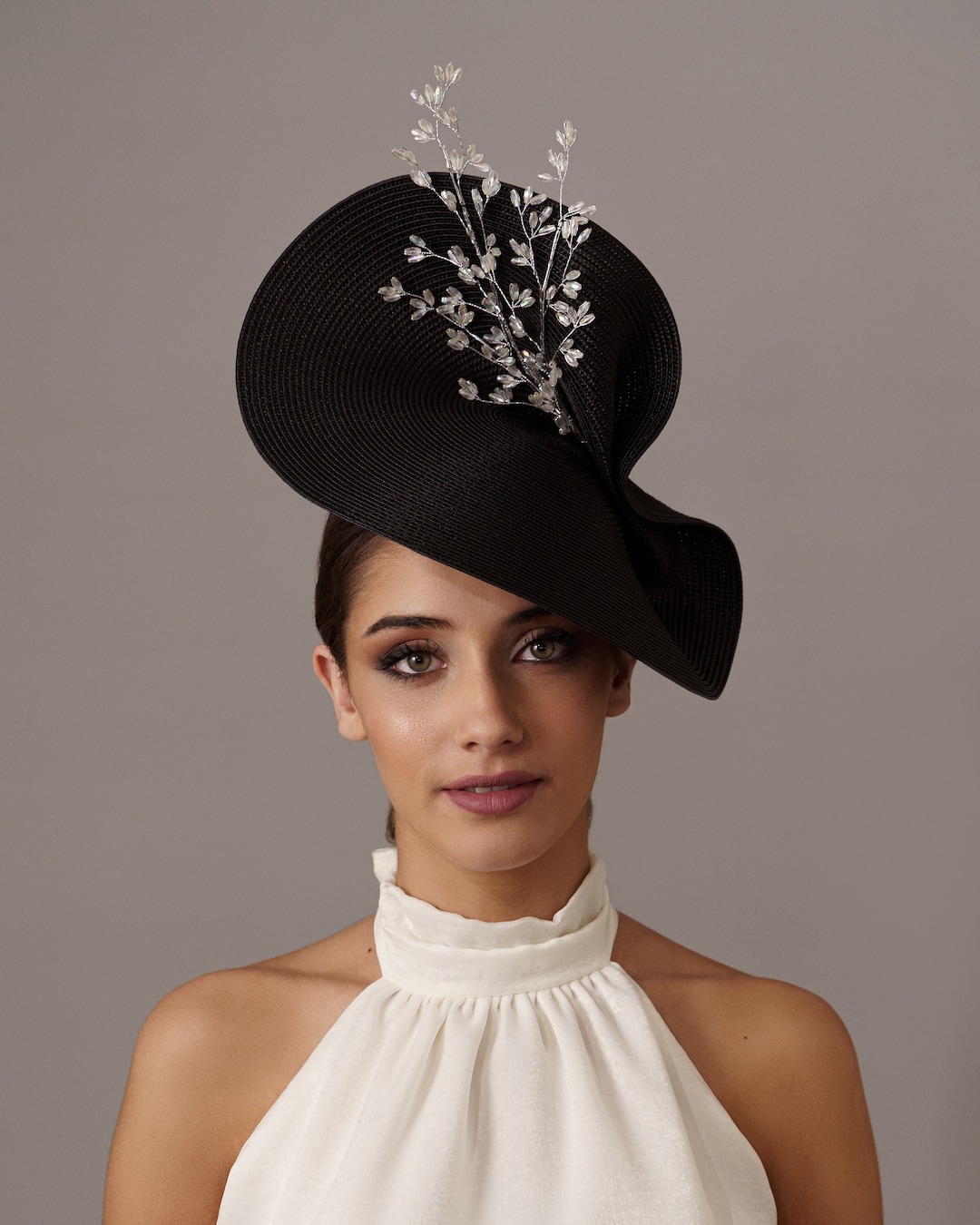 Black and White Fascinator, Black Ascot Hat, Silver Wedding  display picture 3