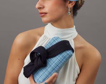 Elegant Light Blue Clutch with Navy Bow - Wedding Guest Handbag - Blue Purse for Parties - Light blue royal Ascot clutch - Navy wedding bag