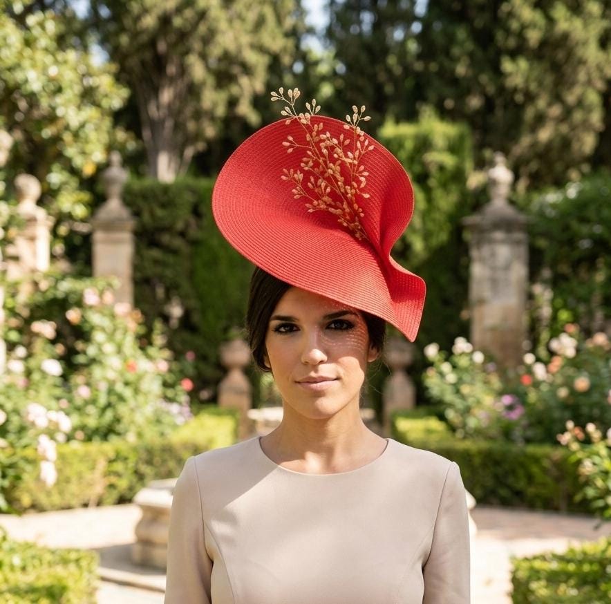 Red and Gold Large Fascinator Hat for Woman, Kentucky Derby  display picture 1