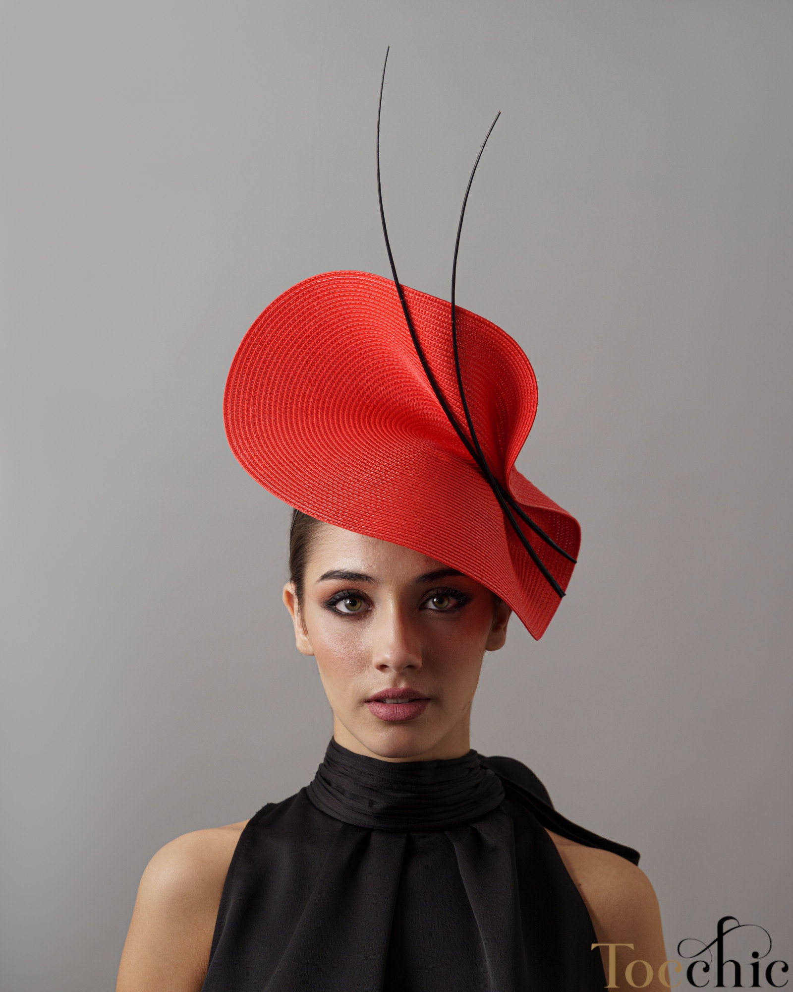 Red Feather Bloom Fascinator – Black Crimson Striped Sinamay KY Derby Headpiece ANIMAL PRINT KENTUCKY DERBY HAT WITH RED BLOOM – The Hat Hive main image 2