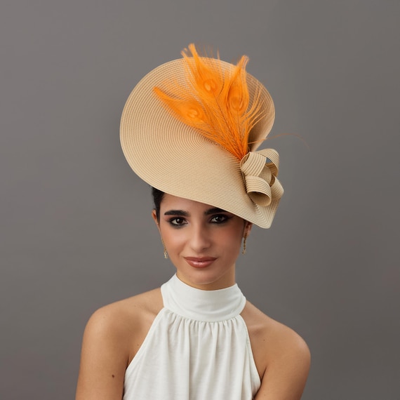 orange dress hat Orange Ladies Luncheon Hat for Horse Races, Orange Fascinator Hat for Woman Peacock Feathers, Beige Wedding Hat, Kentucky Derby Hat Orange