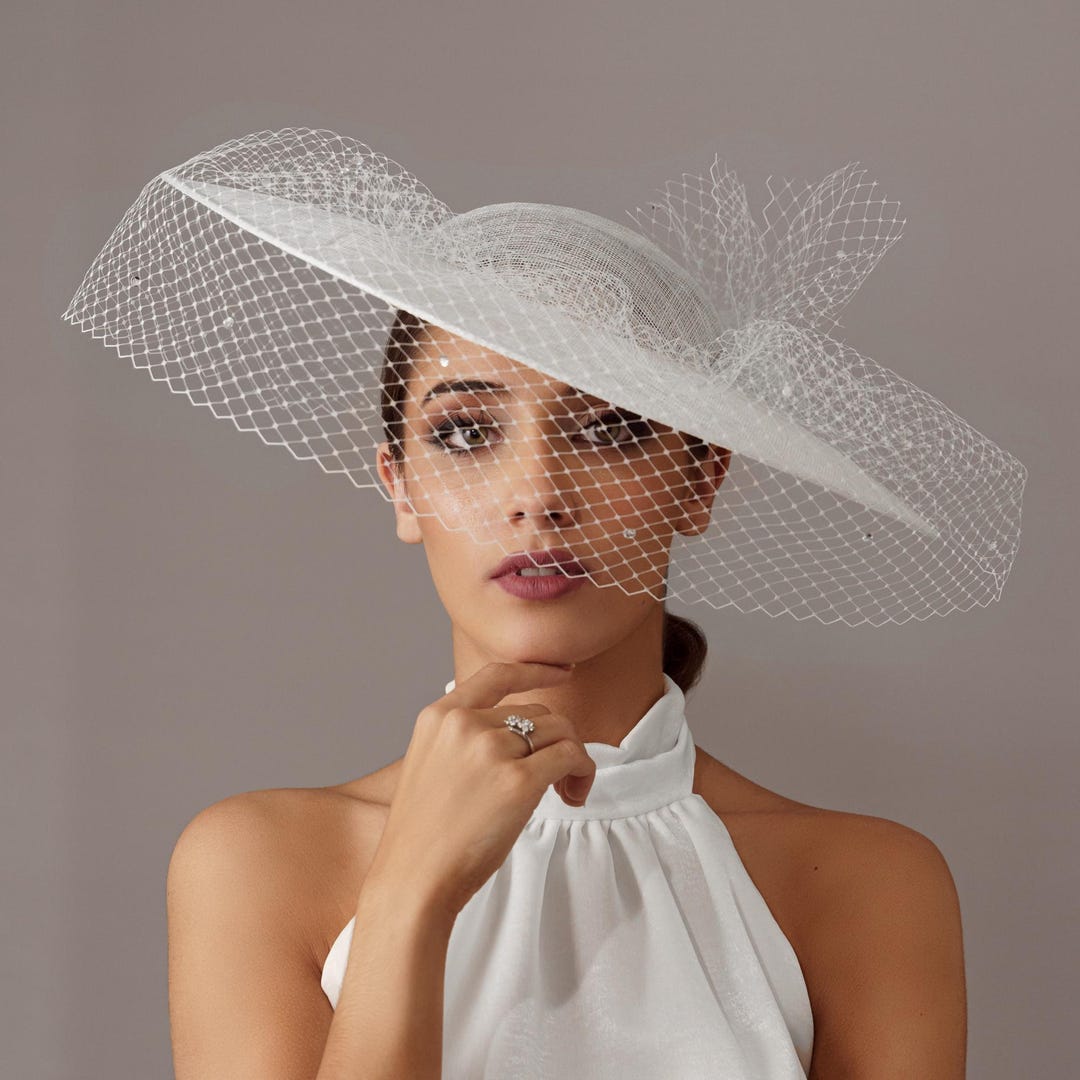 Bride Wedding Hat With Veil White - Kentucky Derby Hat for  display picture 3