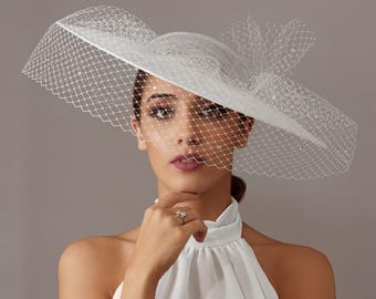 Bride Wedding Hat With Veil White - Kentucky Derby Hat for  display picture 1