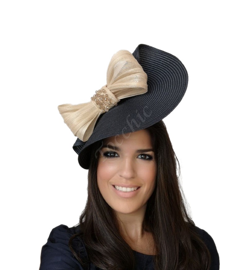 Woman Navy blue wedding fascinator, Melbourne cup hat, mother of the groom hat, Tea Party hat with a bow, Ascot races ladies hat blue large image 8