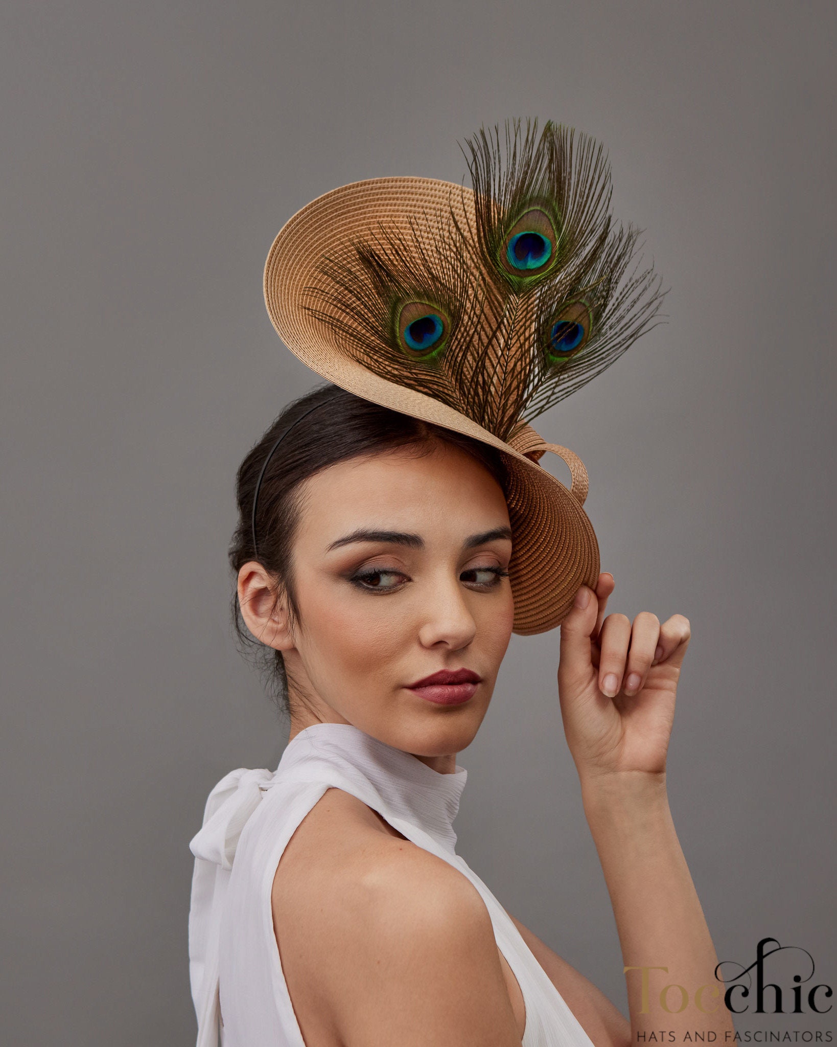 Beige Fascinator Hat for Woman With Peacock Feathers, Camel  display picture 1