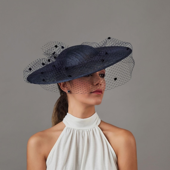 Navy blue women hat with veil for church|Wedding hats for women|€205.00