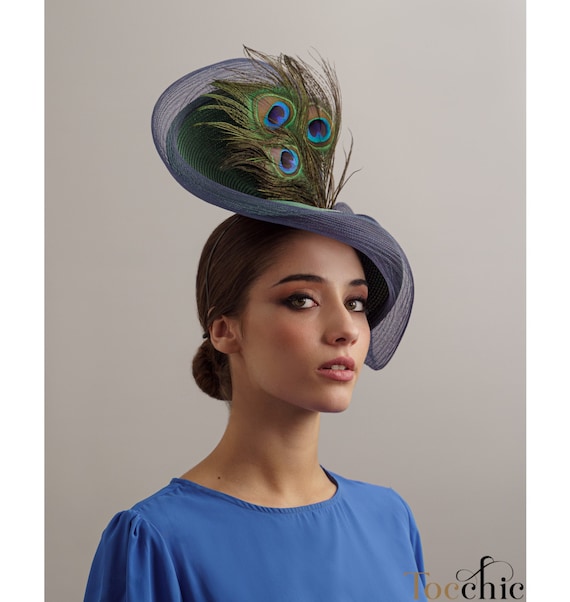 Green Wedding Hat With Peacock Feathers - Navy Blue Women  display picture 2