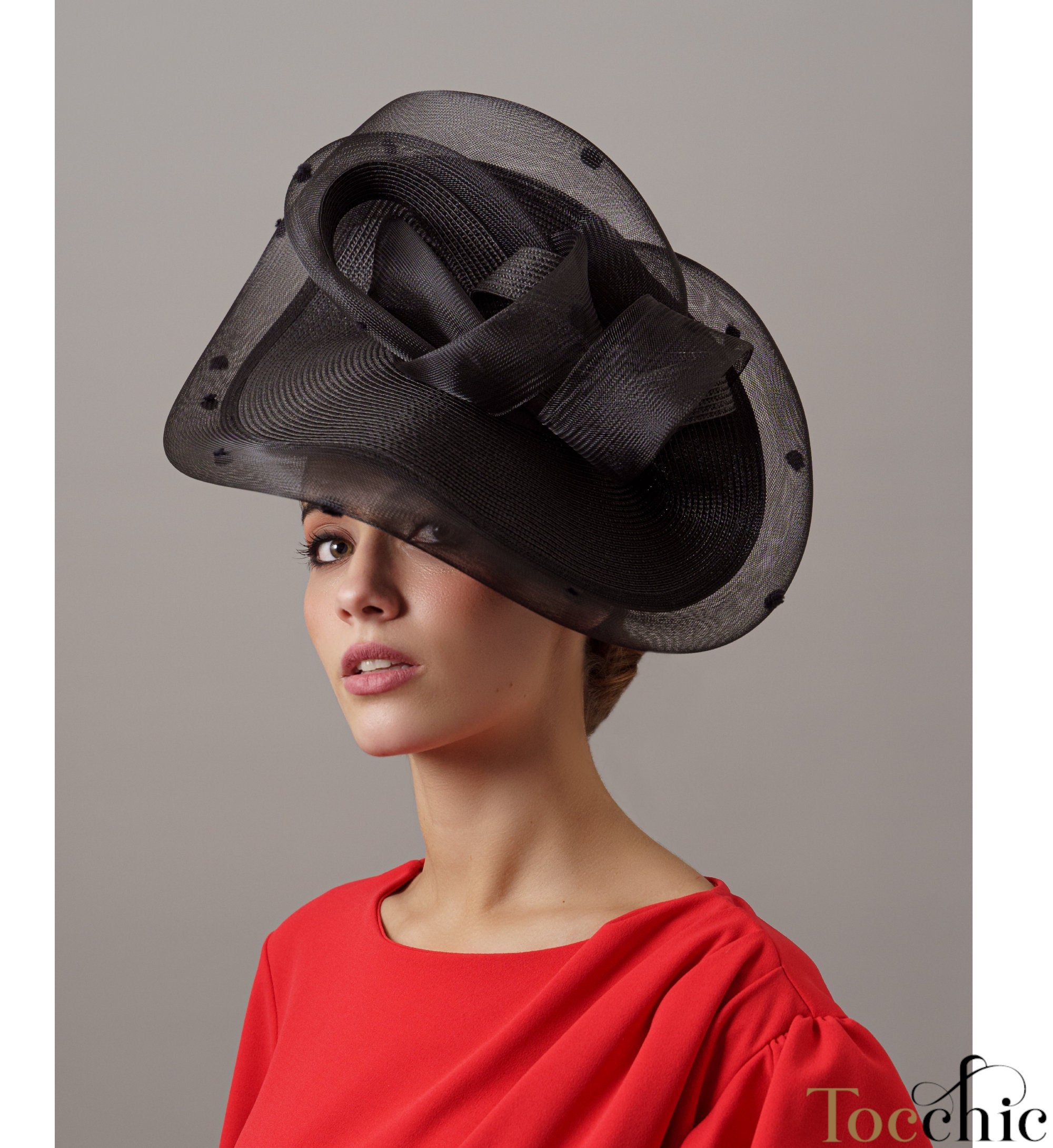 Large Black Fascinator With Veil - Black Ascot Hat for Woman 