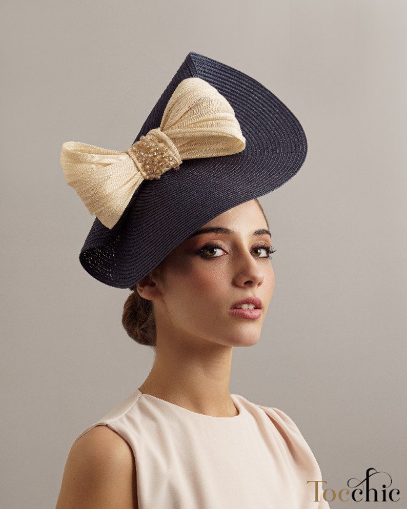 Woman Navy blue wedding fascinator, Melbourne cup hat, mother of the groom hat, Tea Party hat with a bow, Ascot races ladies hat blue large image 2