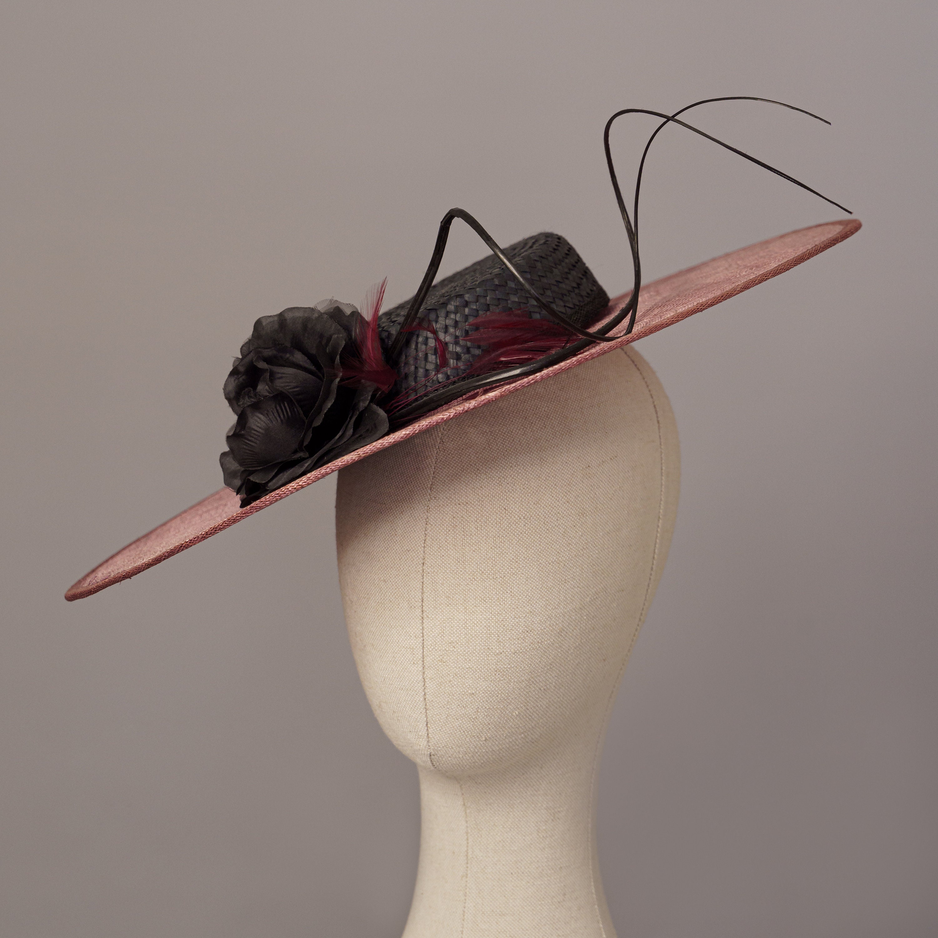 Pale pink and black wedding hat deals
