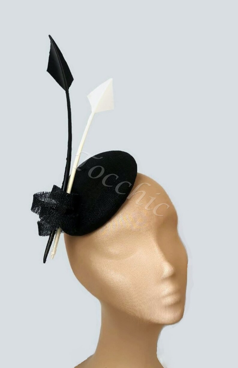 Kate Middleton hat black Tea Party hat White and black Ascot Hat black wedding hat black percher hat white cocktail hat with feathers