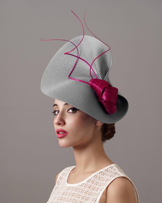 Race Day Fascinator Fuchsia and Grey - Royal Ascot Hat With  display picture 3