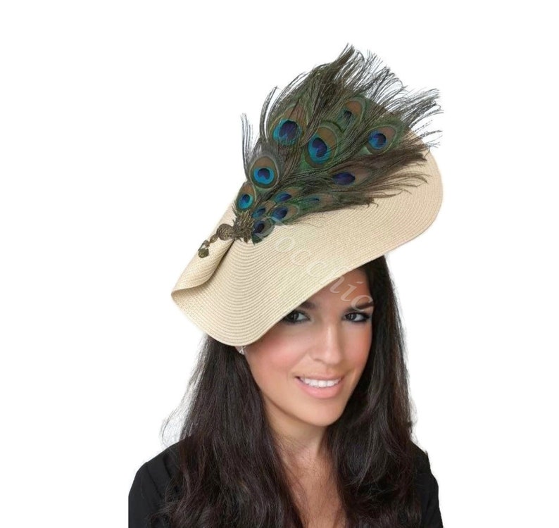 Peacock hat, Kentucky derby hat with feathers green, Green races hat, cream Ascot hat, peacock fascinator, feathers wedding hat, womens hats 