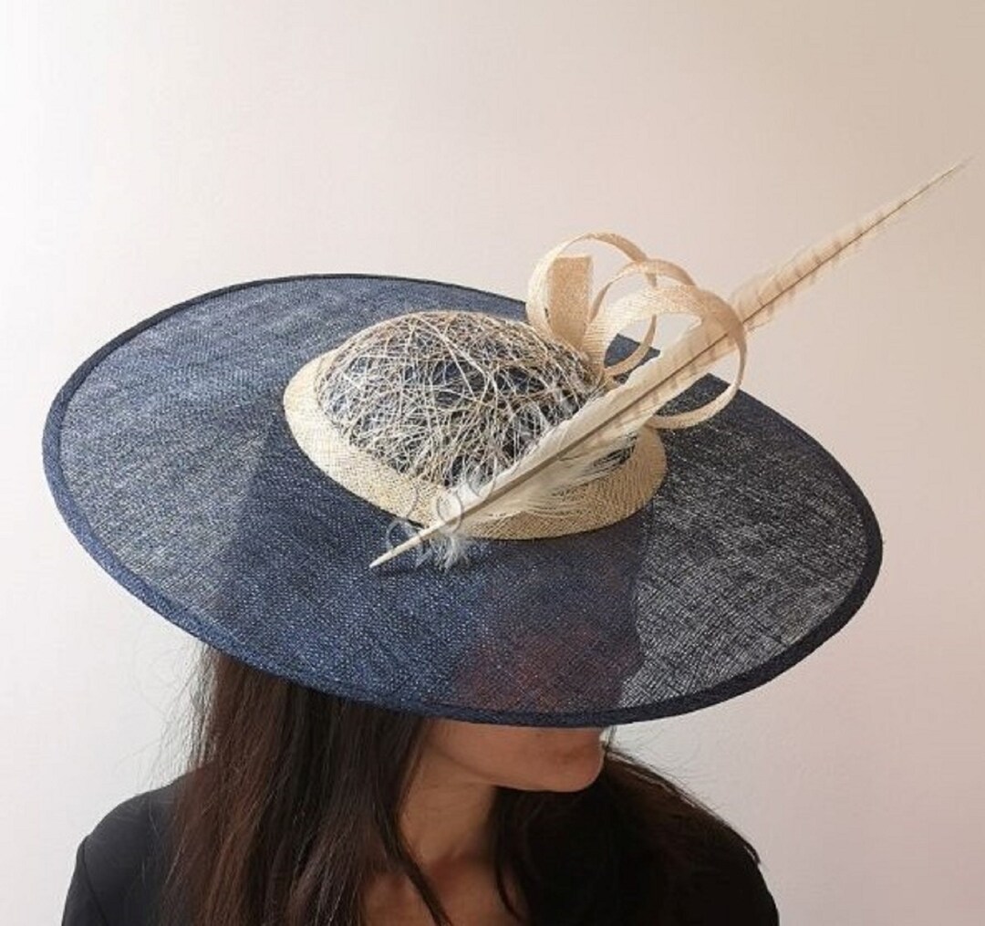 Navy Blue and Cream Women Derby Hat, Cream and Navy Blue Ascot Hat