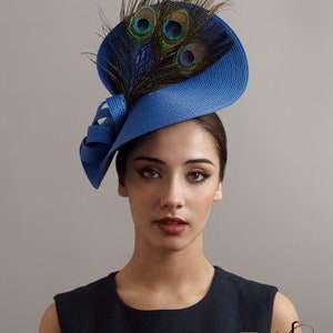 Royal blue peacock derby fascinator hat, Blue oaks derby hat, feathers Royal Ascot hat, peacock ladies hat, women derby hat electric blue image 5