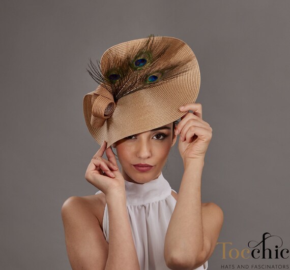 Beige Fascinator Hat for Woman With Peacock Feathers, Camel 