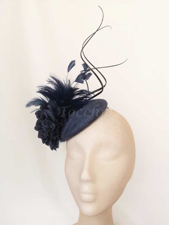 Navy Blue Wedding Fascinator Hat Woman Feathers Derby Hat Blue