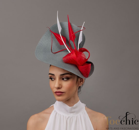 Woman Kentucky Derby Hat Red and Grey With Feather - Gray 
