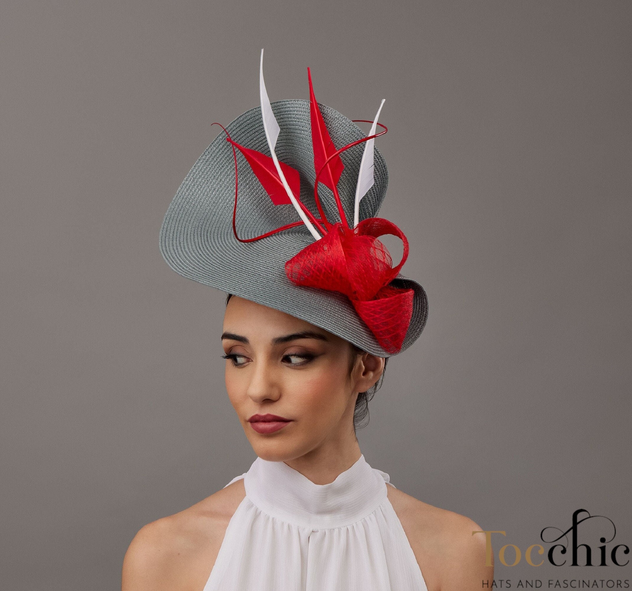 Woman Kentucky Derby Hat Red and Grey With Feather - Gray 