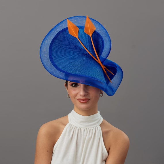 Elegant Lake Blue and Orange Fascinator Headpiece - Women Accessories Royal Blue Orange Feather Flower Disc Saucer Hat Fascinator  main image 3
