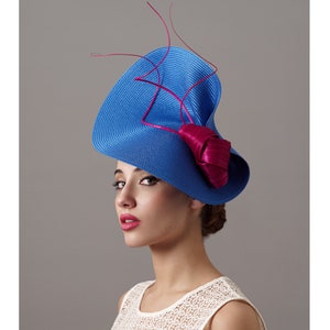 Women fuchsia Kentucky derby hat and royal blue, royal blue Ascot fascinator, Electric blue and fuchsia derby hat, pink and blue wedding hat