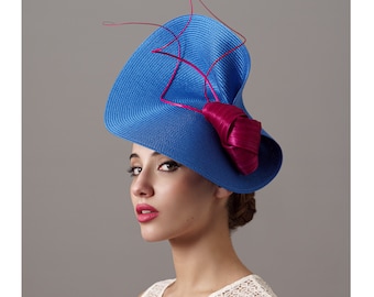 Women Kentucky derby hat fuchsia and royal blue - royal blue Ascot fascinator - Electric blue and fuchsia derby hat - pink blue wedding hat