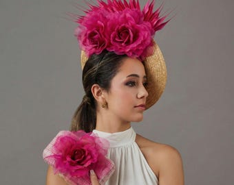 Fuchsia pink Royal Ascot hat - Womens derby hat with flowers and feathers - straw wedding guest hat - saucer fascinator hat pink Tea Party