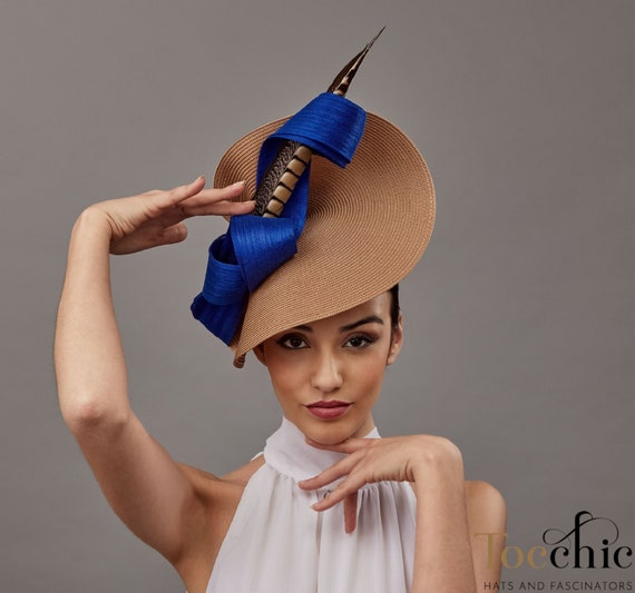 Kentucky Derby Hat Royal Blue Women Electric Blue Ascot Hat Beige Blue Large Fascinator Feathers Derby Fascinator women Wedding Hat Polo Etsy