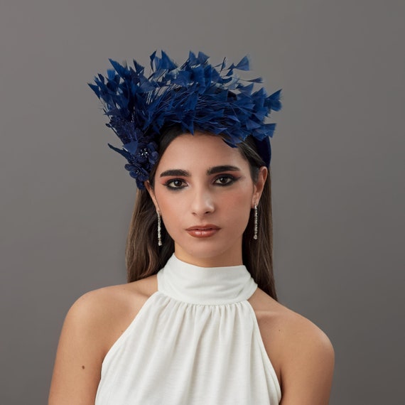 Navy Blue Feather fascinator headband Women’s Large Navy Blue Feather Fascinator Hat Big Teardrop Wedding  main image 3