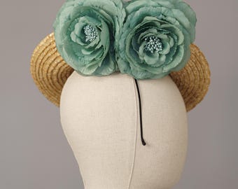 Beige and Light Teal Flower Hat - Straw Wedding Hat - Light  display picture 1