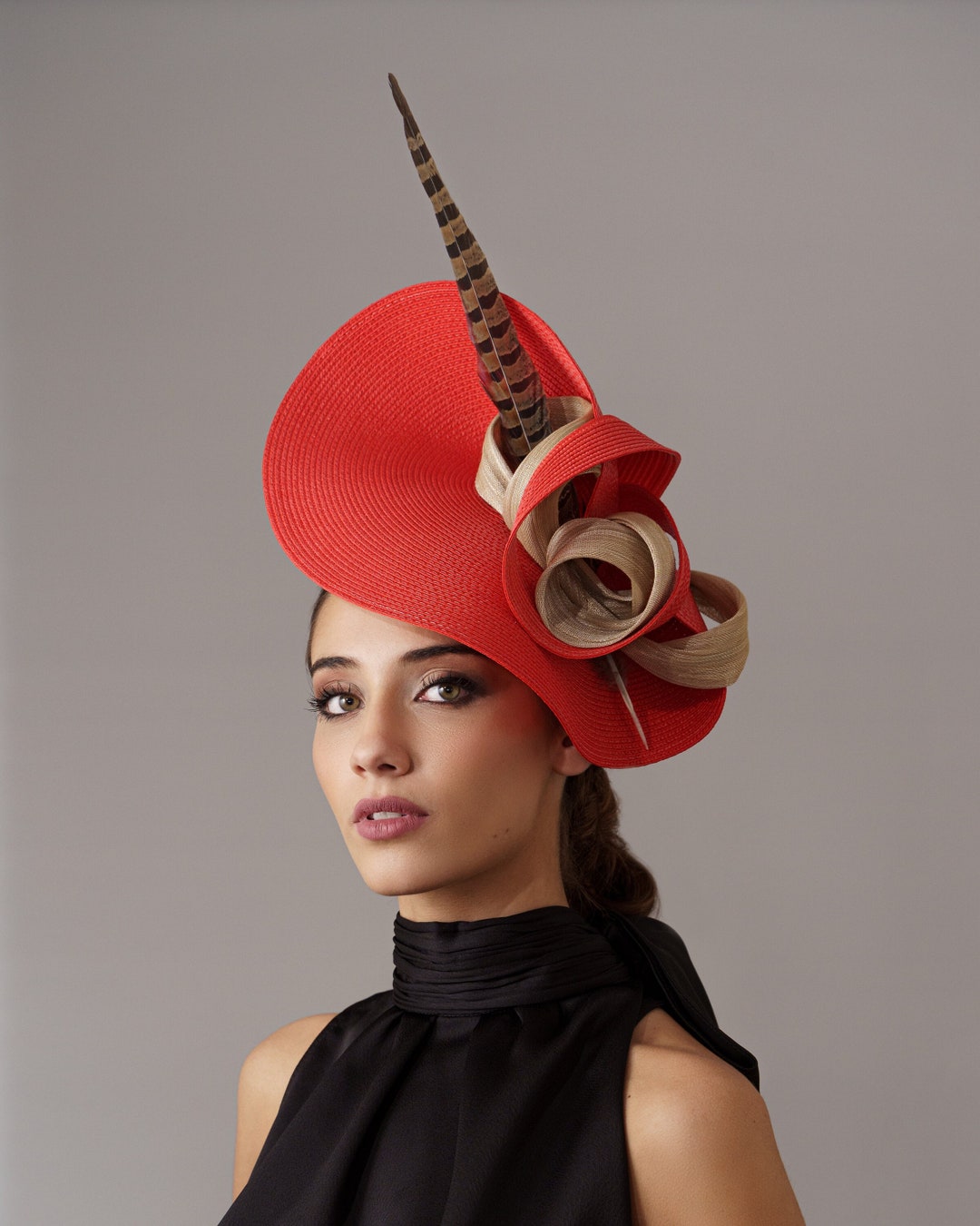 Woman Kentucky Derby Hat Red and Beige With Feather, Beige Ascot
