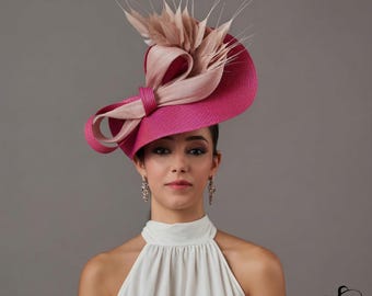 Kentucky Derby fascinator for ladies fuchsia pink - Royal Ascot lady hat - KYderby hat blush pink with feathers - pale pink wedding hat