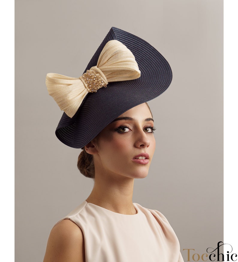 Woman Navy blue wedding fascinator, Melbourne cup hat, mother of the groom hat, Tea Party hat with a bow, Ascot races ladies hat blue large image 1
