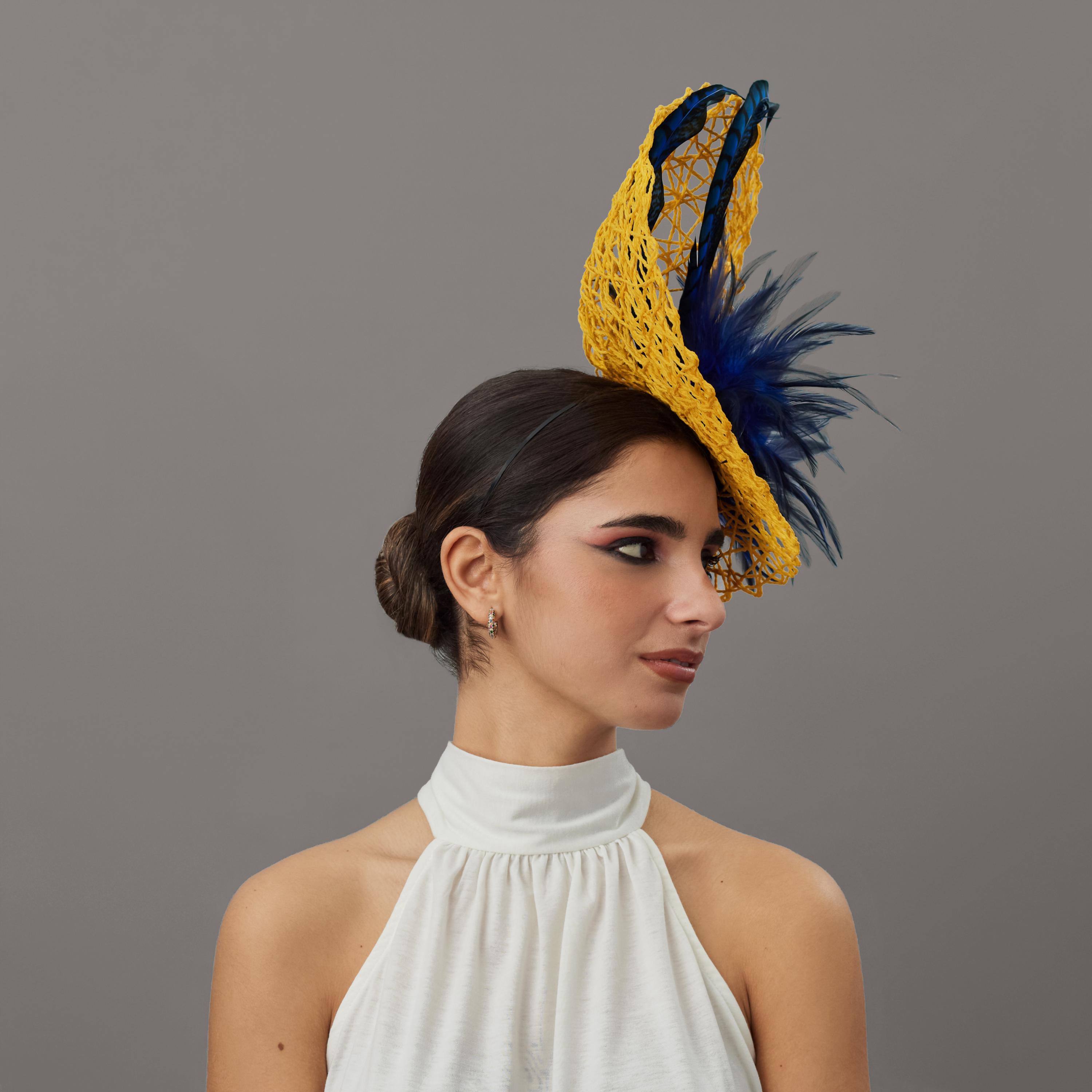 Elegant Yellow and Dark Blue Feathered Kentucky Derby Hat Blue Satellite Hatinator: Gold Feather Kentucky Derby  main image 3