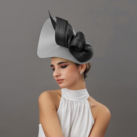 Elegant Gray Women\'s Hat with Feather and Card Accents Grey and Cream Wedding Hat With Feathers - Grey Ladies  main image 4