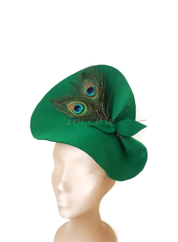 Peacock Feathers Hat Green, Felt Tea Party Hat Green, Winter  display picture 1