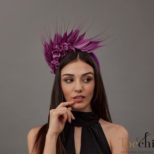Ladies Tea Party hat purple with feathers, bridesmaids feathers fascinator malva, wedding guest headband flower, woman wedding hat small