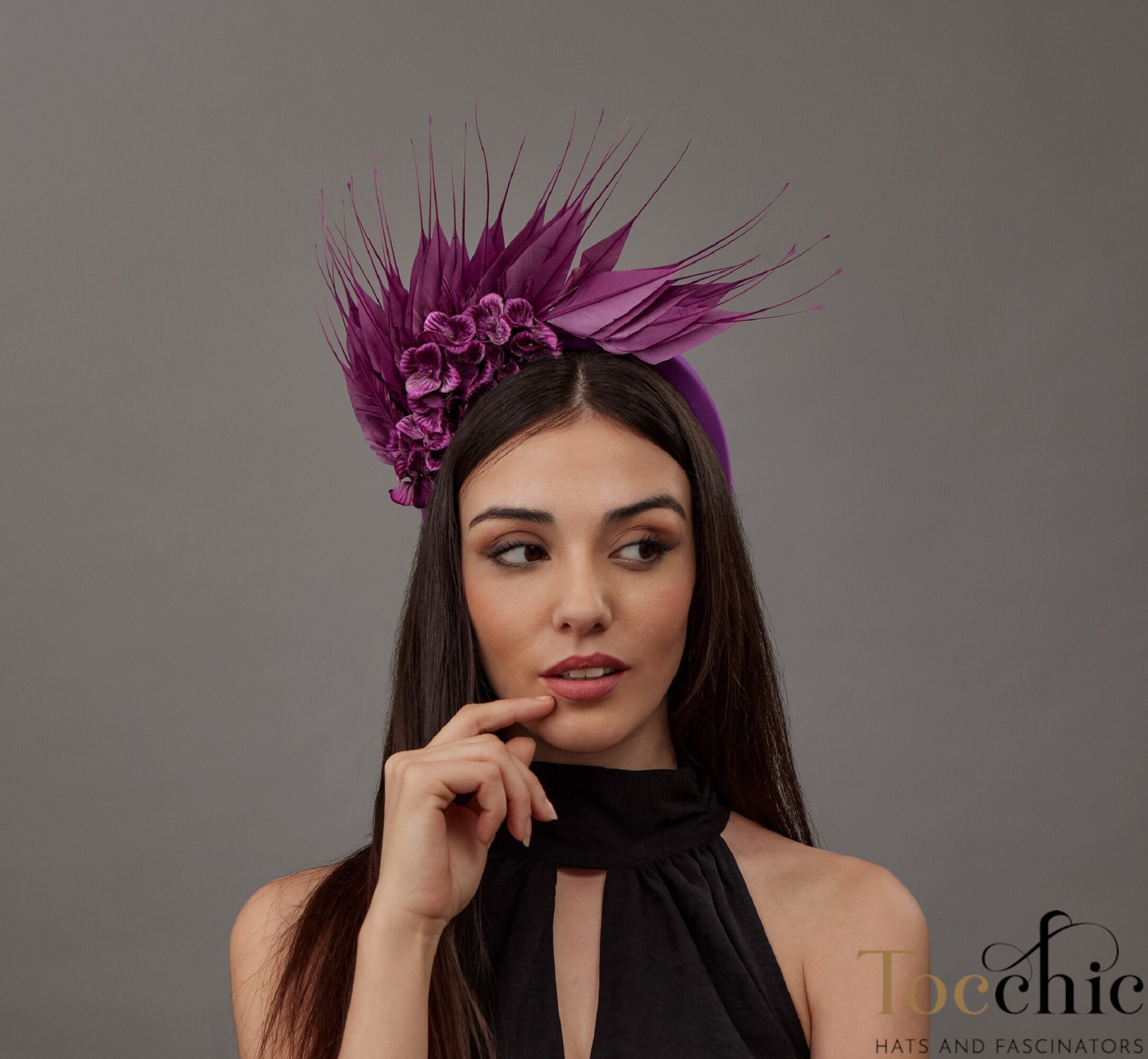 Ladies Tea Party hat purple with feathers, bridesmaids feathers fascinator malva, wedding guest headband flower, woman wedding hat small